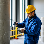 Testing Concrete**

Prompt: Interior of a construction lab, focused on a compression test of a concrete cylinder. Technician fully engaged, recording data. Testing equipment visible. Cement bags in background, natural light. Sharp focus, professional photo, high resolution.

**