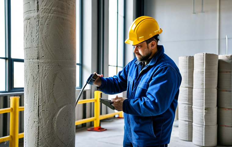 Testing Concrete**
Prompt: Interior of a construction lab, focused on a compression test of a concrete cylinder. Technician fully engaged, recording data. Testing equipment visible. Cement bags in background, natural light. Sharp focus, professional photo, high resolution.
**