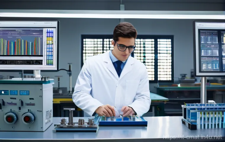 건설재료시험기사로서의 첫 직장 선택 - **Prompt 1: Precision in the Lab**
"A bright, modern materials testing laboratory. A young, focu...