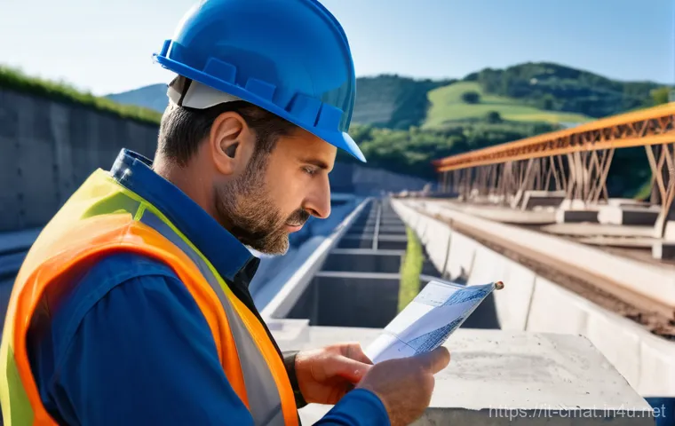 건설재료시험기사와 대규모 프로젝트 사례 - **"A detailed, realistic image of a focused Italian materials testing engineer, a man or woman in th...