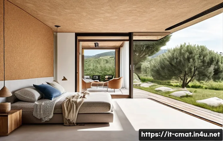 건설재료시험과 친환경 건축자재 기술 - **Prompt:** A serene, sun-drenched modern Italian villa, nestled in a lush, green landscape, showcas...