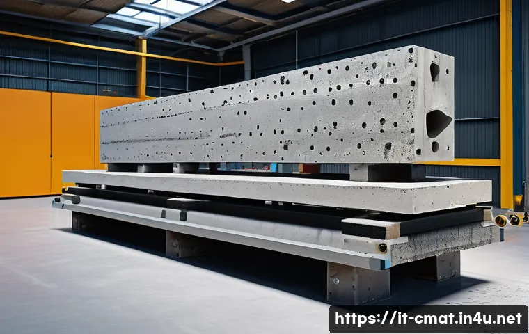 건설재료시험기사 필기시험에서 자주 출제되는 문제 - A detailed cross-sectional illustration of a reinforced concrete beam under stress testing in a mode...