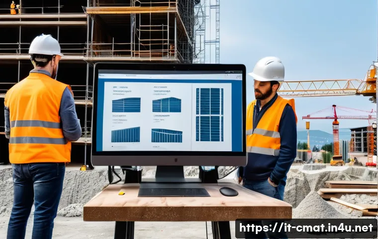 건설재료시험 기술자와 데이터 분석 활용 - A modern construction site in Italy featuring engineers and technicians using advanced digital testi...