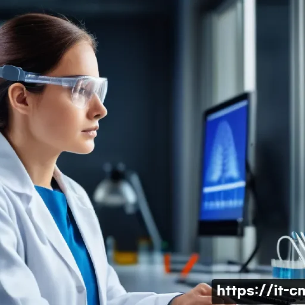 건설재료시험 기술자의 업무 스트레스 관리 - A modern laboratory technician wearing professional lab attire including a lab coat and safety goggl...