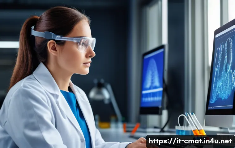 건설재료시험 기술자의 업무 스트레스 관리 - A modern laboratory technician wearing professional lab attire including a lab coat and safety goggl...