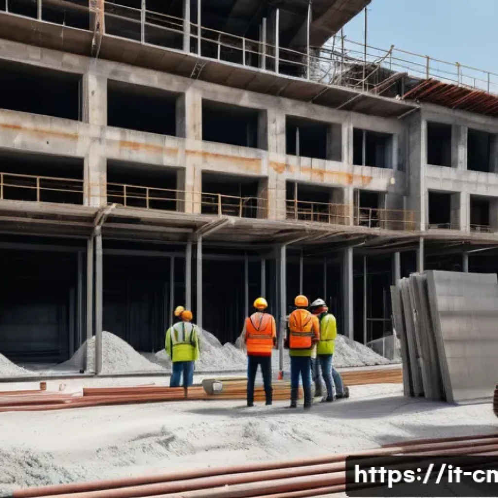 건설재료시험기사와 건설 품질 관리의 융합 기술 - A modern construction site in Italy featuring workers wearing safety gear and smart sensors embedded...