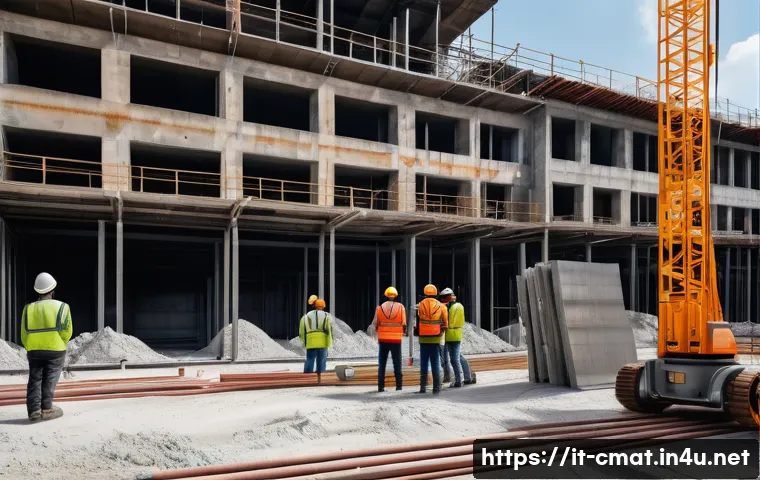건설재료시험기사와 건설 품질 관리의 융합 기술 - A modern construction site in Italy featuring workers wearing safety gear and smart sensors embedded...