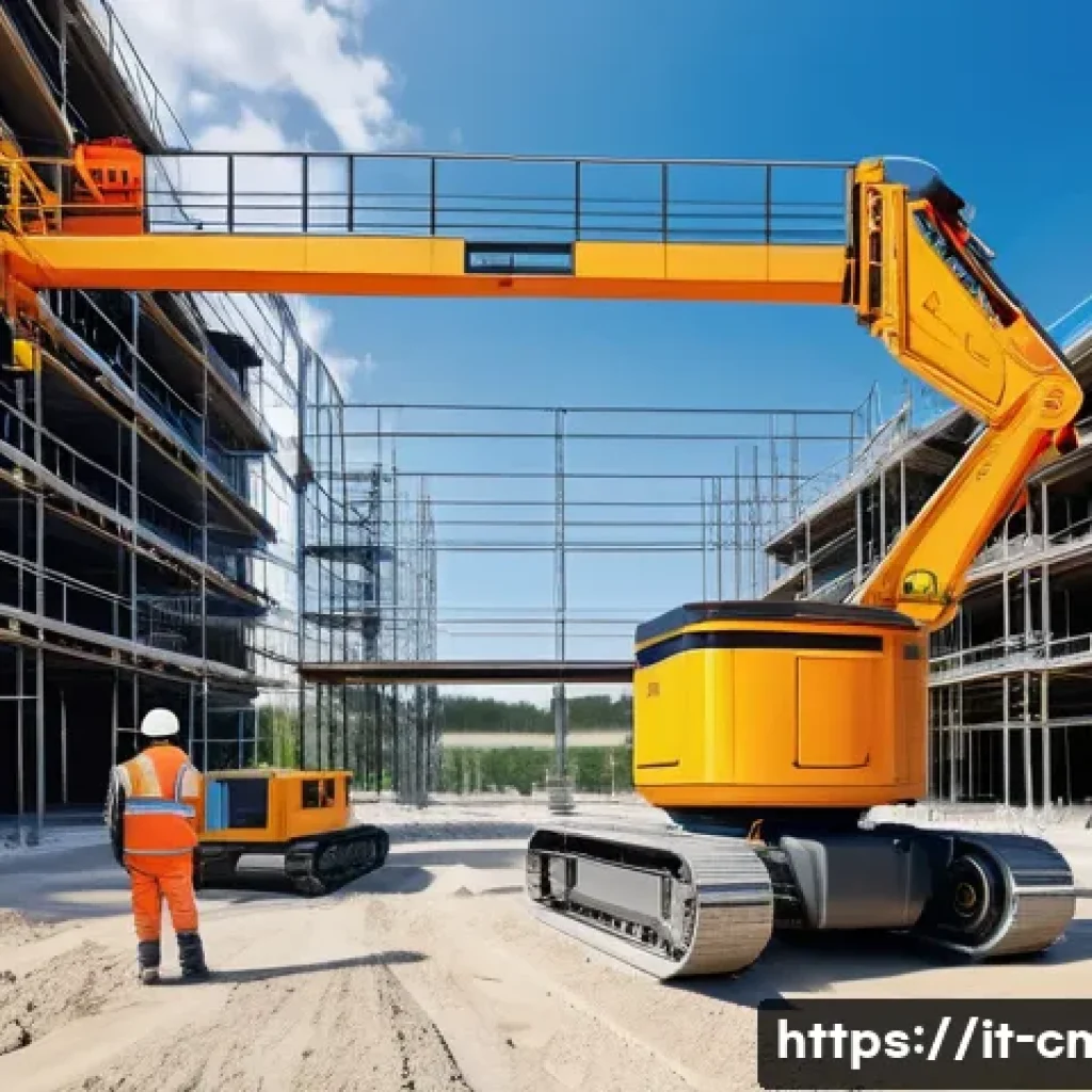 건설재료시험기사와 관련된 산업 동향 - A high-tech construction site scene featuring an autonomous mobile inspection robot navigating compl...