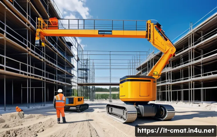 건설재료시험기사와 관련된 산업 동향 - A high-tech construction site scene featuring an autonomous mobile inspection robot navigating compl...