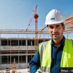 건설재료시험기사의 자격증 활용 방안 - A professional construction materials testing technician wearing safety gear and a branded uniform, ...