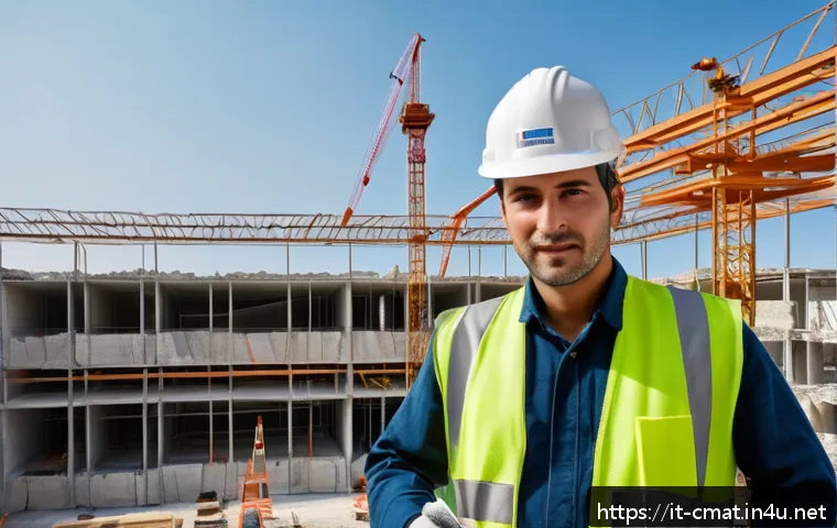 건설재료시험기사의 자격증 활용 방안 - A professional construction materials testing technician wearing safety gear and a branded uniform, ...