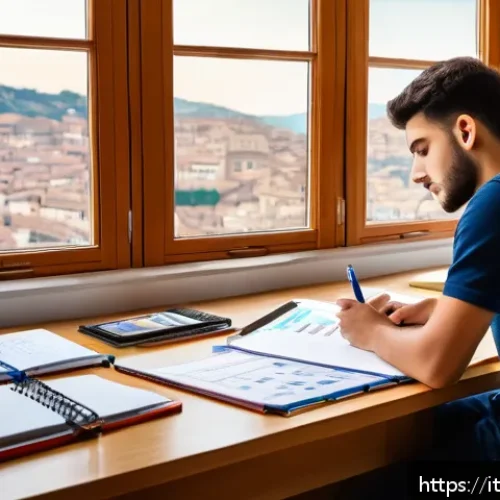 건설재료시험기사 시험 대비 시간 관리 방법 - A focused study desk scene featuring an Italian student preparing for a construction materials techn...