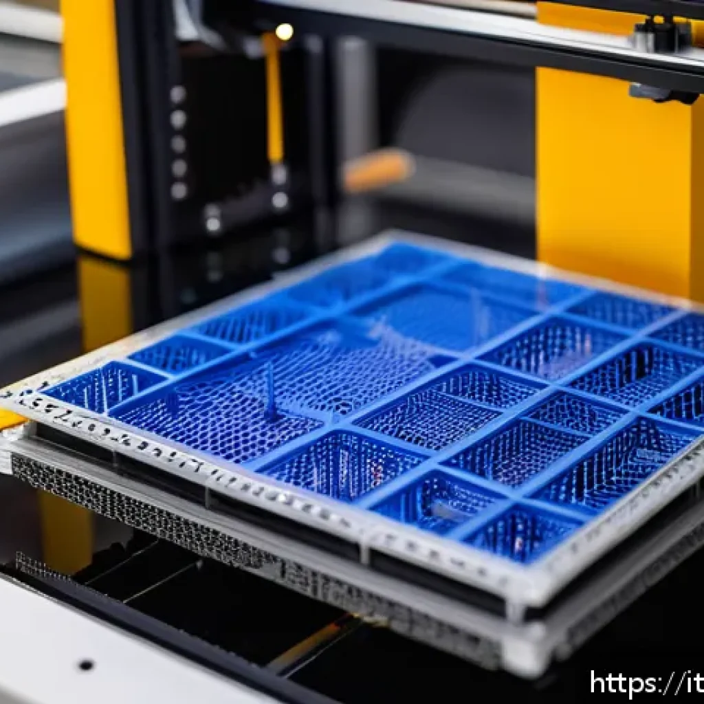 건설재료시험과 3D 프린팅 기술의 융합 - A highly detailed close-up of a 3D printer fabricating a complex construction material prototype wit...