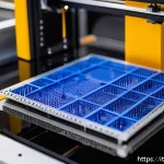 건설재료시험과 3D 프린팅 기술의 융합 - A highly detailed close-up of a 3D printer fabricating a complex construction material prototype wit...