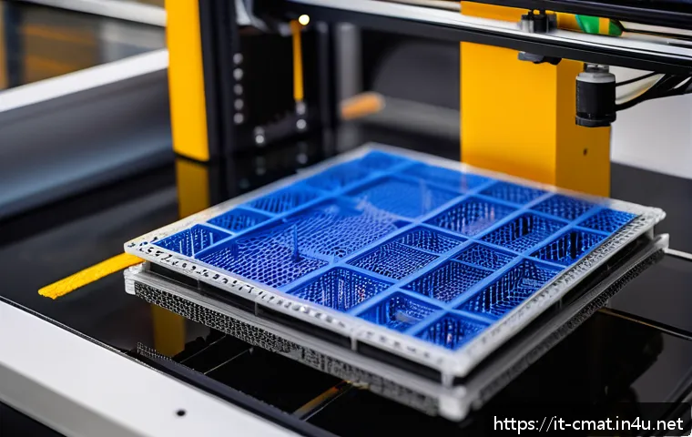 건설재료시험과 3D 프린팅 기술의 융합 - A highly detailed close-up of a 3D printer fabricating a complex construction material prototype wit...